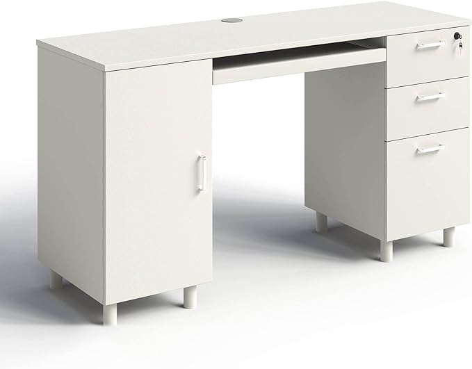 Modern Design By Crafts & comfort Venice Computer Desk - Office Desk with 3 Drawers & CPU Storage Cabinet - Laptop Workstation with Keyboard Tray & Cable Hole - Home & Office Supplies -White