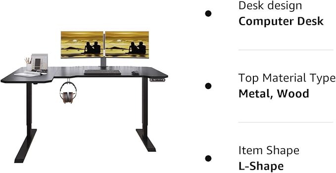 Adjustable Height L-Shaped 59 Inch Electric Standing Desk - Sit Stand Computer Desk, Stand Up Desk Table for Home Office, Black Frame and Top