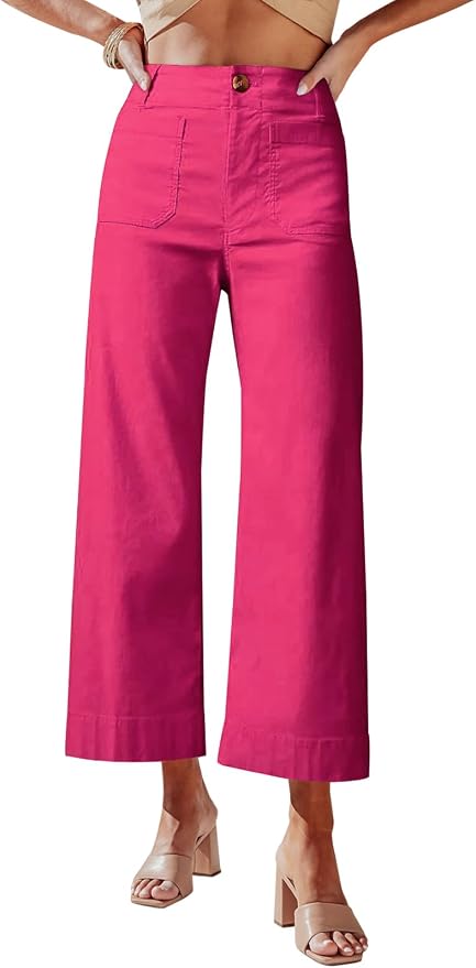 miduo Womens High Waisted Cropped Wide Leg Stretchy Straight Pants Trousers with Pockets
