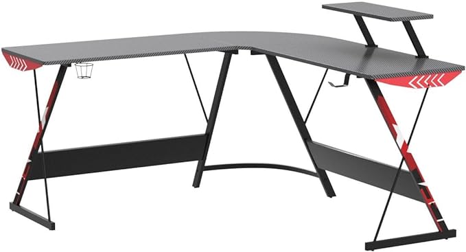 MOTPK L Shaped Gaming Desk with Carbon Fiber Surface, Corner Computer Desk L Shape with Monitor Shelf, Gamer Desk Gaming Table with Cup Holder & Headphone Hook, Black, 51 Inch