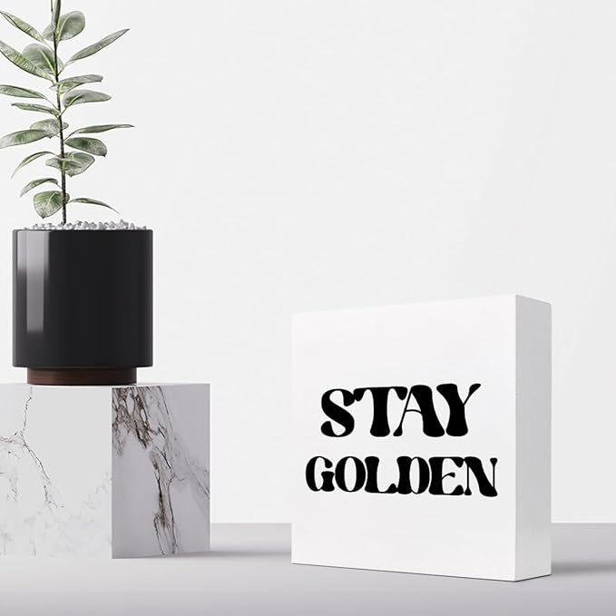 Stay Golden Wood Block Sign Desk Decor,Rustic Positive Wooden Box Plaque Sign Desk Decor for Home Girls Room Office Shelf Table Decor Decorations