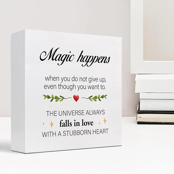 Inspirational Wood Sign,Magic Happens When You Do not Give Up Wood Block Sign Desk Decor,Motivational Sign Wooden Box Plaque Sign for Home College Office Shelf Table Decor Decorations