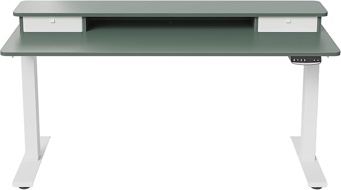 FEZIBO 60 x 24 Inch Height Adjustable Electric Standing Desk with Double Drawer, Stand Up Desk with Storage Shelf, Sit Stand Desk, Green