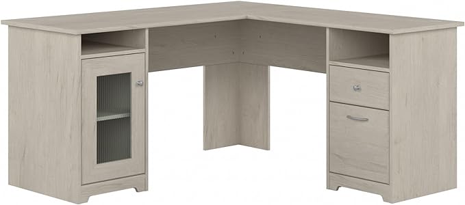 Bush Furniture Cabot 60W L Shaped Computer Desk with Storage in Linen White Oak