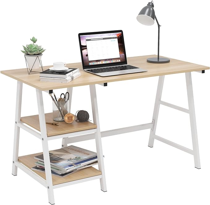 SogesHome Computer Desk 47inches Trestle Desk PC Desk with Shelf Office Desk Workstation for Home Office Use Writing Table,Maple