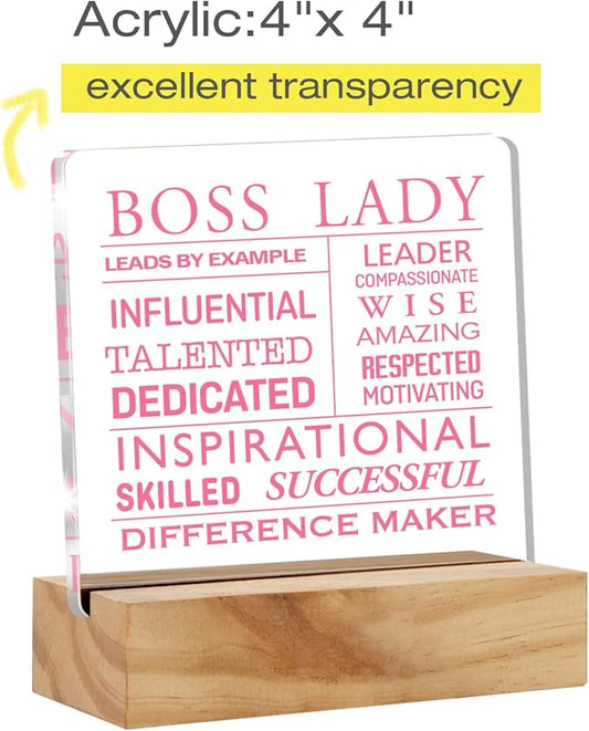 Inspirational Boss Appreciation Gift Boss Lady Gifts for Women, Pink Boss Lady Desk Decor Acrylic Desk Plaque Sign with Wood Stand Home Office Desk Sign Keepsake