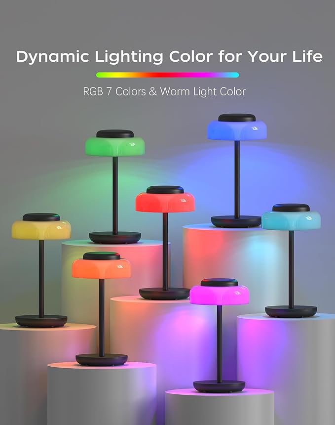 QiMH Battery Operated LED Table Lamp, 5000mAh Cordless Desk Lamp with 3 Level Brightness Touch Control, Mini Rechargeable Night Light for Living Room, Bedroom, Outdoor bar (Black-RGB)