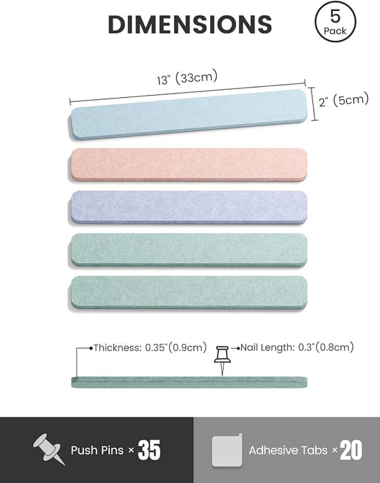 Fluxynara 13" x 2" Felt Wall Panels, Coastal Haze | 5-Pack Cork Board Alternative with 35 Push Pins, Adhesive Mounting for Bedroom Door or Home Office