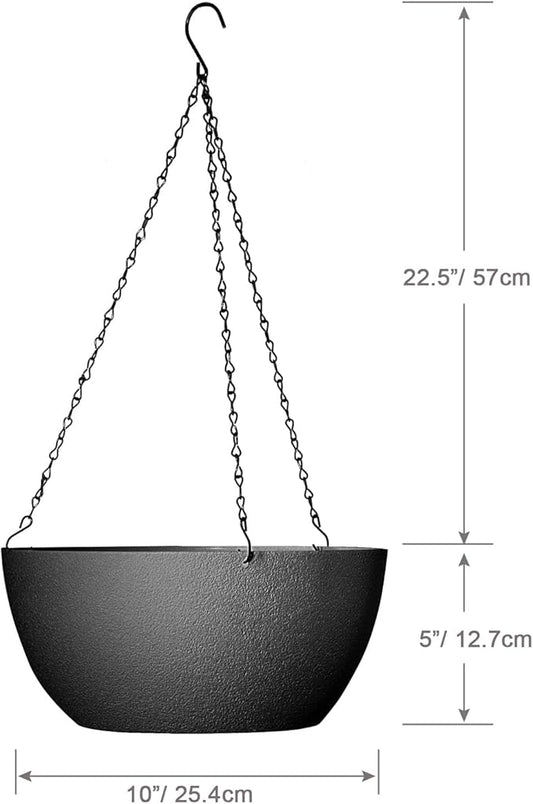 10 inch Hanging Planters for Outdoor Indoor Plants with Drainage Holes and Chain, 2 Pack Round Hanging Flower Pots for Garden Home Porch Decor, Black