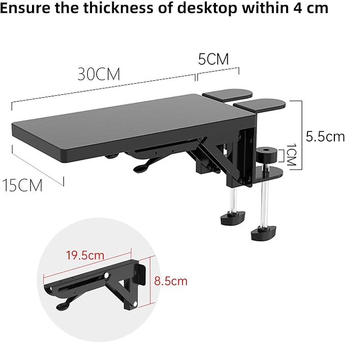 Ergonomics Desk Extender Tray, 11.8"x5.9" Punch-Free Clamp on, Foldable Keyboard Drawer Tray, Table Mount Arm Wrist Rest Shelf, Computer Elbow Arm Support