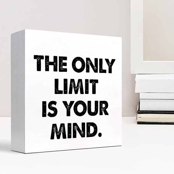 Positive Wood Box Sign Desk Decor,The Only Limit is Your Mind Wood Plaque Signs,Rustic Inspirational Wooden Block Sign Decor for Office Workplace Classroom Shelf Table Decoration C1079