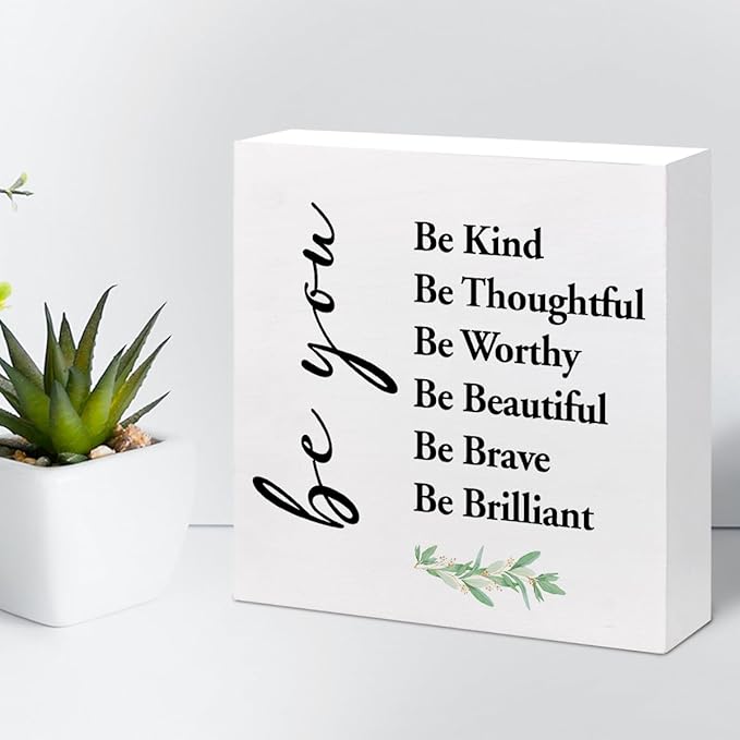 Be You Be Kind Be Thoughtful Wood Block Sign Desk Decor,Rustic Motivational Wooden Box Plaque Sign Desk Decor for Home Girls Bedroom Office Dorm Shelf Table Decor Decorations