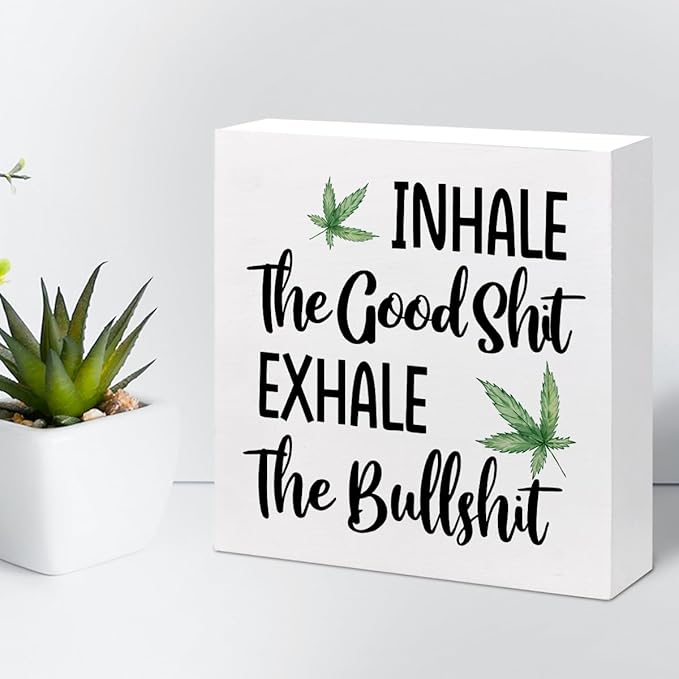 Funny Office Wood Sign,Inhale Exhale Meditation Quote Wood Block Sign Desk Decor,Funny Wooden Box Plaque Sign Desk Decor for Home Yoga Room Meditation Space Shelf Table Decorations