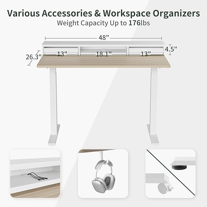 EZIBO 48 * 26 Inch Electric Standing Desk with Monitor Stand, Height Adjustable Table with LED Strips, Ergonomic Home Office Furniture with 2 Drawers Storage Workstation, Light Walnut