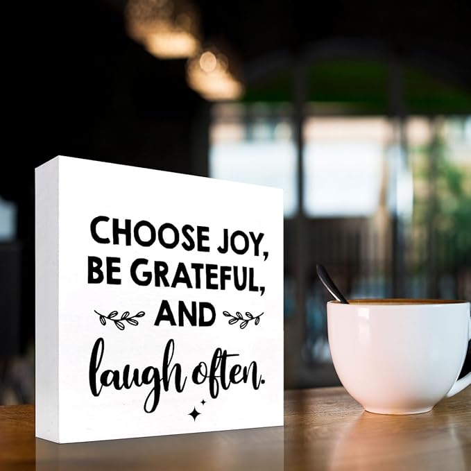 Inspirational Wood Box Sign Desk Decor,Choose Joy Be Grateful and Laugh Often Wood Plaque Signs,Rustic Positive Wooden Block Sign Decor for Office Workplace Classroom Shelf Table Decoration C1078