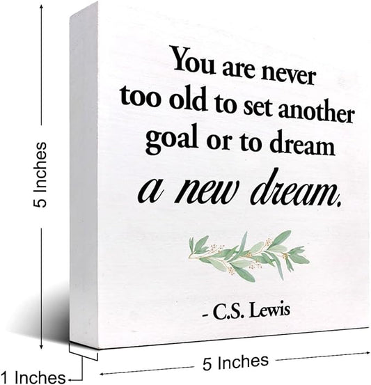Inspirational Wood Box Sign Desk Decor,You are Never Too Old to Set Another Goal Wood Plaque Signs,Rustic Positive Wooden Block Sign for Home Office Shelf Desk Table Decoration C1064