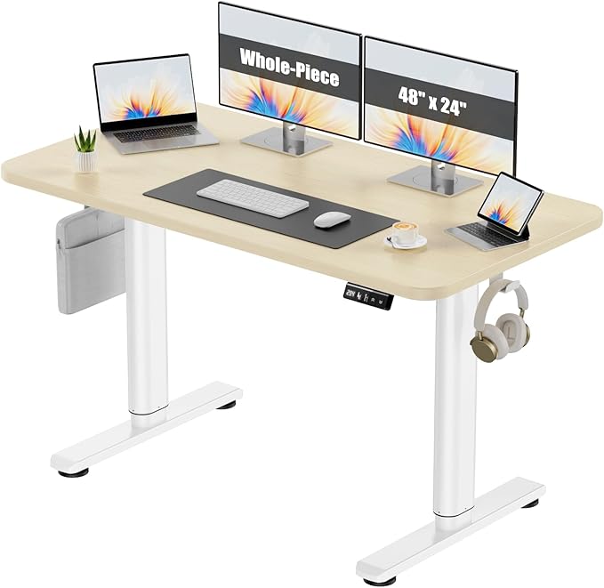 Electric Standing Desk Adjustable Height Stand Up Desk, 48" x 24" Sit Stand Desk, Low Noise Home Office Desk, Computer Desk with Whole-Piece Board, Child Lock & Memory Function, Maple