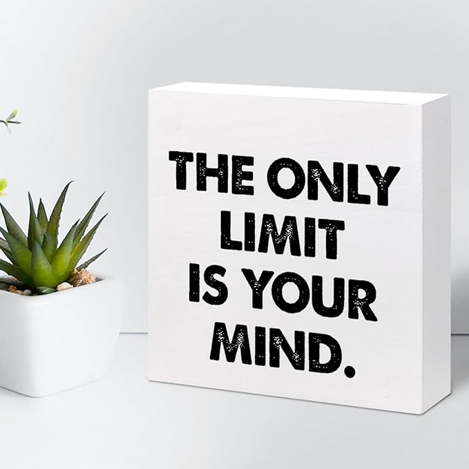 Positive Wood Box Sign Desk Decor,The Only Limit is Your Mind Wood Plaque Signs,Rustic Inspirational Wooden Block Sign Decor for Office Workplace Classroom Shelf Table Decoration C1079