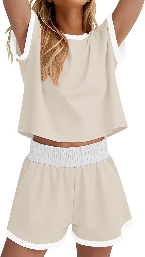 WIHOLL Two Piece Sets for Women Summer Lounge Short Sets Cap Sleeve Crew Neck Sweatsuit with Pocket XS-2XL