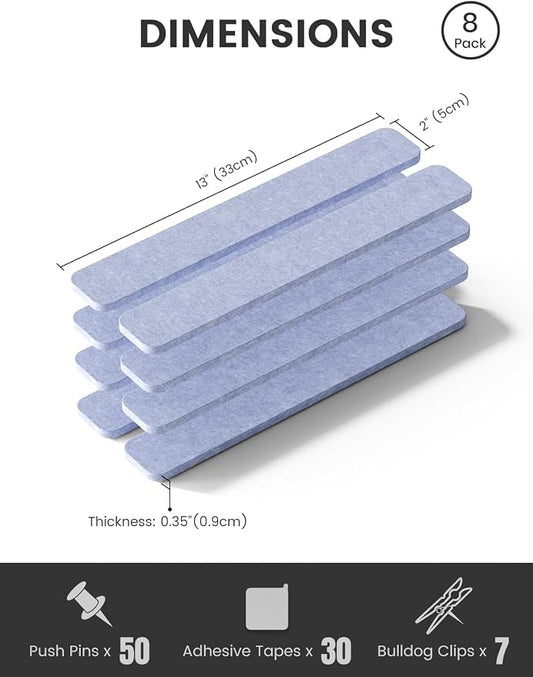 Fluxynara 13" x 2" Felt Wall Panels, Soft Periwinkle | 8-Pack Includes 50 Push Pins and Adhesive Tabs for Photos, Notes and Decor in Bedroom Doors, Home Office or Studios