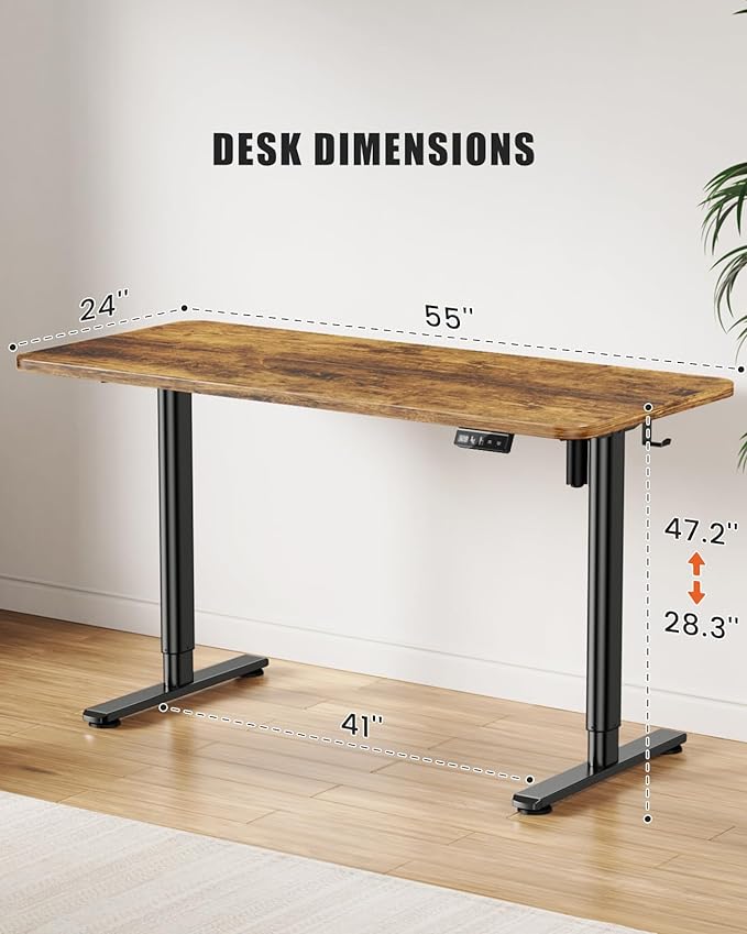Electric Standing Desk Adjustable Height Stand Up Desk, 55" x 24" Sit Stand Desk, Low Noise Home Office Desk, Computer Desk with Splice Board, Child Lock & Memory Function, Rustic Brown