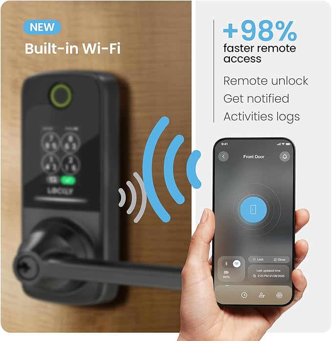 Lockly Secure Pro Smart Lock with Handle - Biometric Fingerprint & Patented Anti-Peep PIN Genie Keypad, Built-in Wi-Fi Keyless Entry Door Lock, App Remote Control, Works with Alexa & Google Assistant