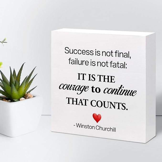Motivational Wood Box Sign Desk Decor,Success is not Final Failure is not Fatal Wood Plaque Signs,Rustic Positive Wooden Block Sign Decor for Home Office Shelf Desk Table Decoration C1071