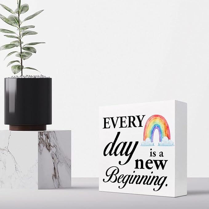 Positive Wood Box Sign Desk Decor,Every Day is a Fresh Beginning Wood Plaque Signs,Rustic Inspirational Wooden Block Sign Decor for Home Office Shelf Table Decoration C1076