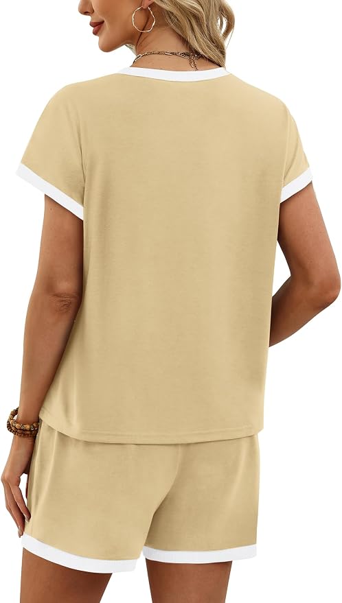 WIHOLL Two Piece Sets for Women Summer Lounge Short Sets Cap Sleeve Crew Neck Sweatsuit with Pocket XS-2XL