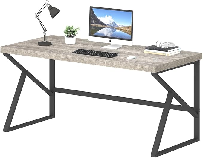 HSH Large Computer Desk, Industrial Metal Wood Gray Home Office Desk, Modern Long Work Study Writing Gaming Table, Student Simple PC Laptop Desk for Bedroom Living Room, Light Grey Oak, 60 Inch