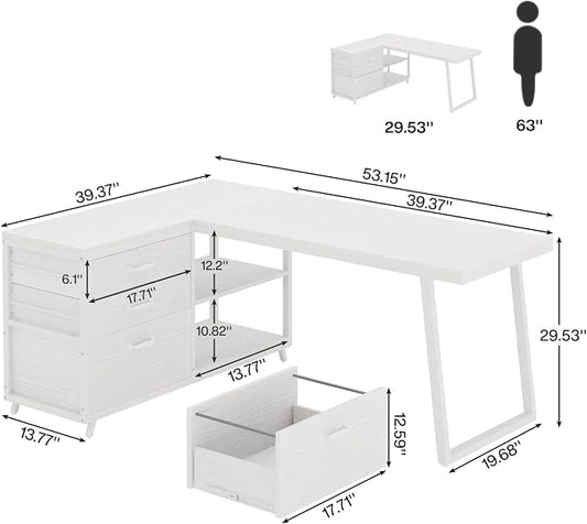 Tribesigns L-Shaped Computer Desk with 3 Drawers, Reversible Corner Home Office Desk with Shelves, 53-Inch Industrial PC Desk Study Writing Table Workstation for Small Space, White