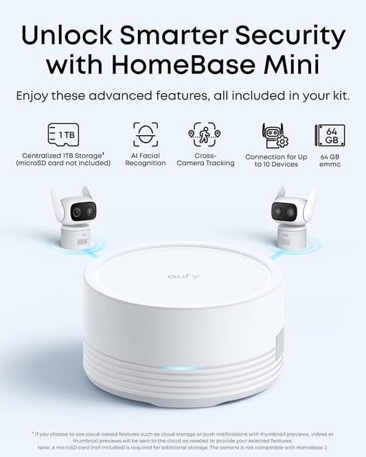 eufy Security Indoor&Outdoor Camera C31,2-Pack with HomeBase Mini(64GB Included),IP66,Spotlight-Free Color Night Vision,360°Pan&Tilt, AutoTracking,Human/Car/Pet/Cry Detection,24/7 Recording
