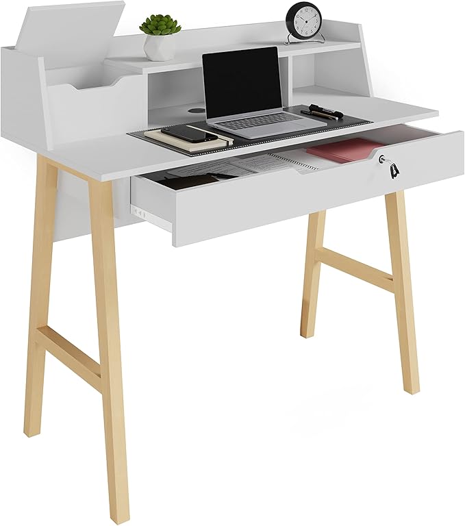 Roma Writing Desk - Elegant Wood Study Desk With Storage, Cable Holes & Drawers - Work Table for Home, Office, Dorm, Small Spaces - Compact Black Desk, 40x19x36.9” (white)