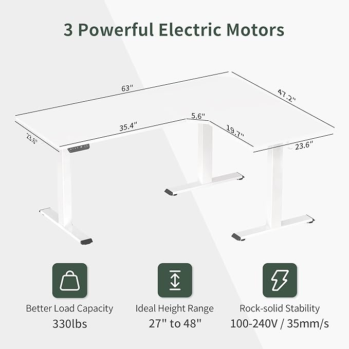 FEZIBO Triple Motor L-Shaped Electric Standing Desk, 63 Inches Height Adjustable Stand up Corner Desk, Sit Stand Workstation with Splice Board, White Frame/White Top