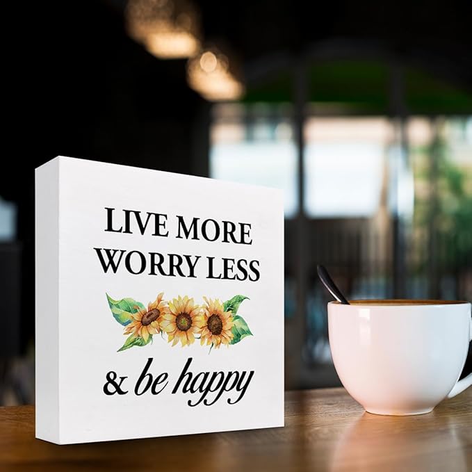 Live More Worry Less and Be Happy Sunflower Wood Block Sign Desk Decor,Rustic Inspirational Wooden Box Plaque Sign Desk Decor for Home Bedroom Living Room Office Shelf Table Decorations