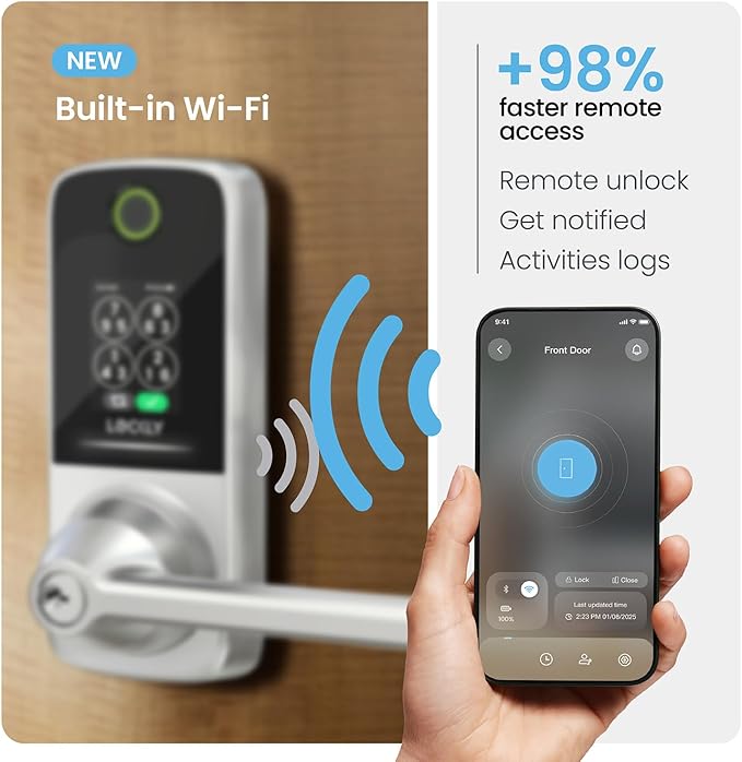 Lockly Secure Pro Smart Lock with Handle - Biometric Fingerprint & Patented Anti-Peep PIN Genie Keypad, Built-in Wi-Fi Keyless Entry Door Lock, App Remote Control, Works with Alexa & Google Assistant