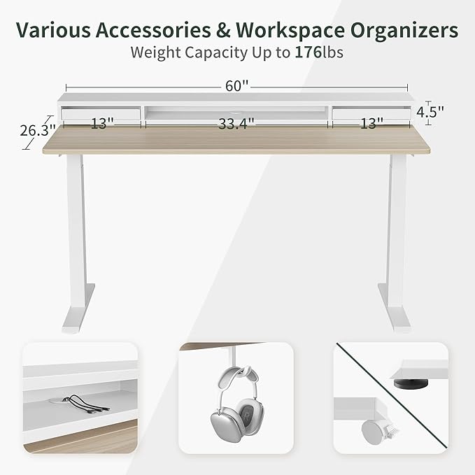 FEZIBO 60 × 26 Inch Electric Standing Desk with Monitor Stand, Height Adjustable Table with LED Strips, Ergonomic Home Office Furniture with 2 Drawers Storage Gaming Workstation, Light Walnut Top