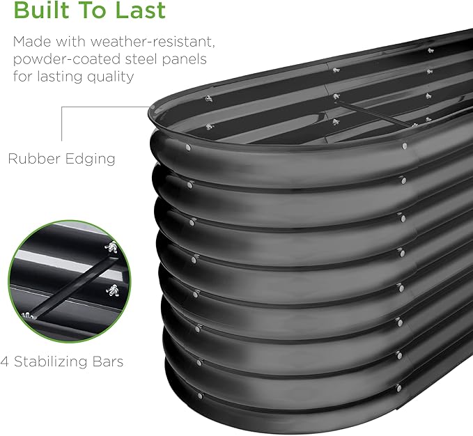 Best Choice Products 8x2x2ft Metal Raised Garden Bed, Oval Outdoor Deep Root Planter Box for Vegetables, Herbs w/ 4 Support Bars, 215 Gal Capacity - Charcoal