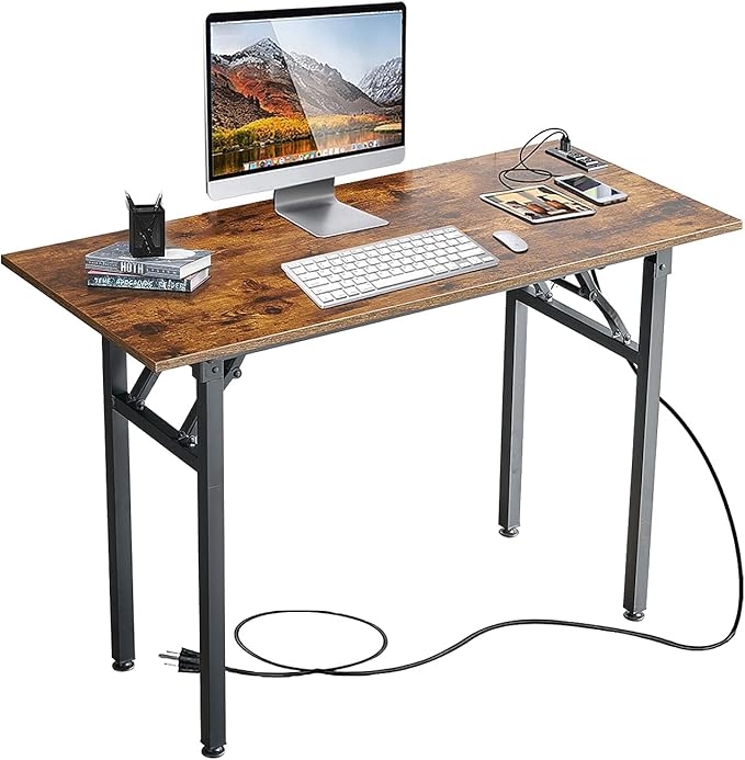Frylr Foldable Desk 31.5'',Small Desks for Small Spaces with Power Outlet and USB Ports Charging Station,folding computer desk,Home Office Collapsible Desk,Stable Metal Frame,Rustic Brown