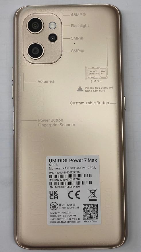 UMIDIGI Power 7 MAX Unlocked Cell Phone,6GB+128GB 10000mAh Battery,6.7" Full Screen + 48MP AI Triple Camera Android Smartphone,NFC,GPS,Face & Fingerprint,BLE 5.0, WiFi 2.4GHz/5GHz,Warranty,Gold