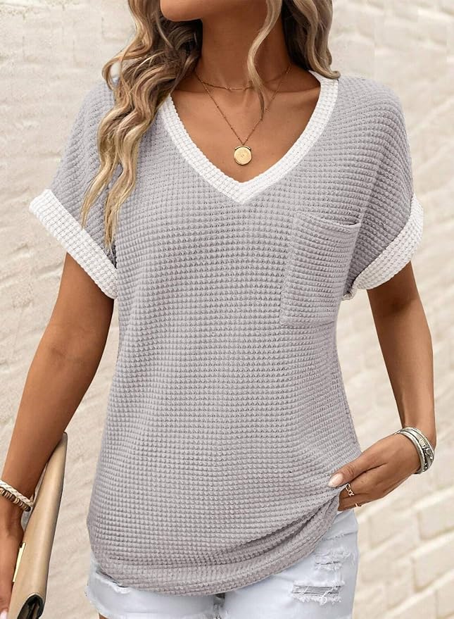 Dokotoo Womens Waffle Knit Tops 2026 Spring Summer V Neck Shirts Casual Trendy Women's Blouses Basic Tee