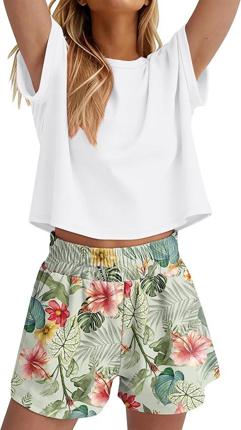 WIHOLL Two Piece Sets for Women Summer Lounge Short Sets Cap Sleeve Crew Neck Sweatsuit with Pocket XS-2XL