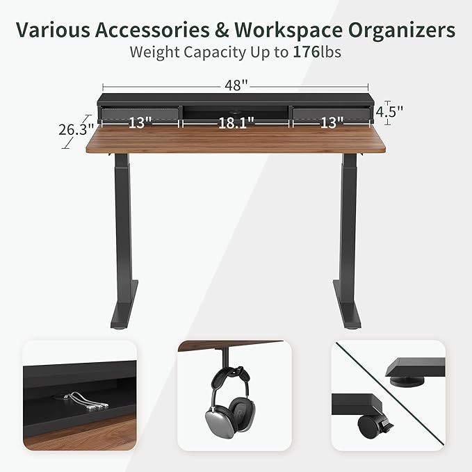 FEZIBO 48 x 24 Inch Height Adjustable Electric Standing Desk with Double Drawers, Stand Up Desk with LED Strips, Sit Stand Desk with Monitor Stand, Blcak Walnut