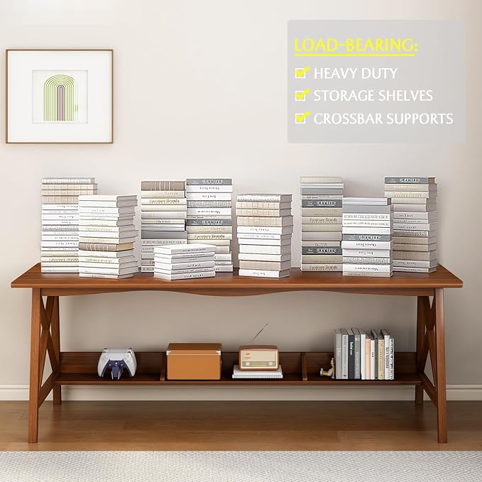 NELYE Extra Long Writing Desk with Bookshelf, 63" Wx24 Dx30 H, Oak | Wooden Home Office Work Study Table, Computer Gaming Workstation with Storage Shelf, Sturdy MDF Resists Wobble