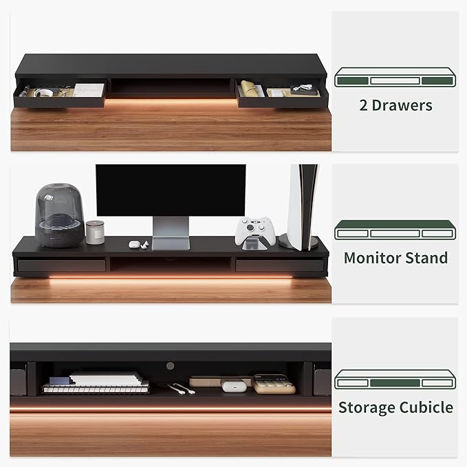 FEZIBO 48 x 24 Inch Height Adjustable Electric Standing Desk with Double Drawers, Stand Up Desk with LED Strips, Sit Stand Desk with Monitor Stand, Blcak Walnut