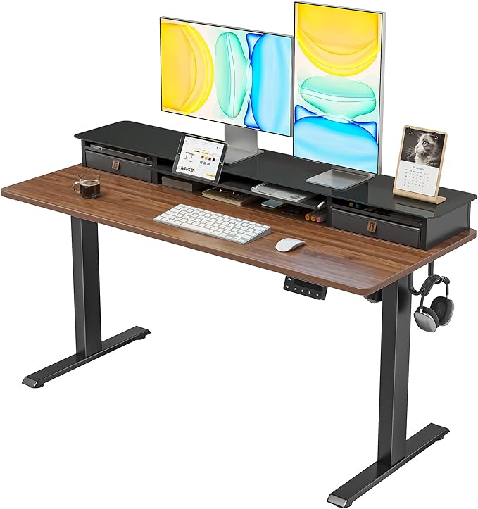 FEZIBO 48 x 24 Inch Height Adjustable Glass Electric Standing Desk with Double Drawer, Stand Up Desk with Storage Shelf, Sit Stand Desk, Black Walnut