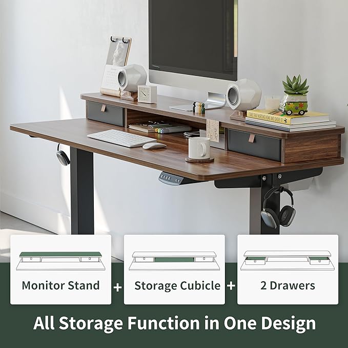 FEZIBO 55 x 24 Inch Height Adjustable Electric Standing Desk with Double Drawer, Stand Up Desk with Storage Shelf, Sit Stand Desk, Blcak Walnut