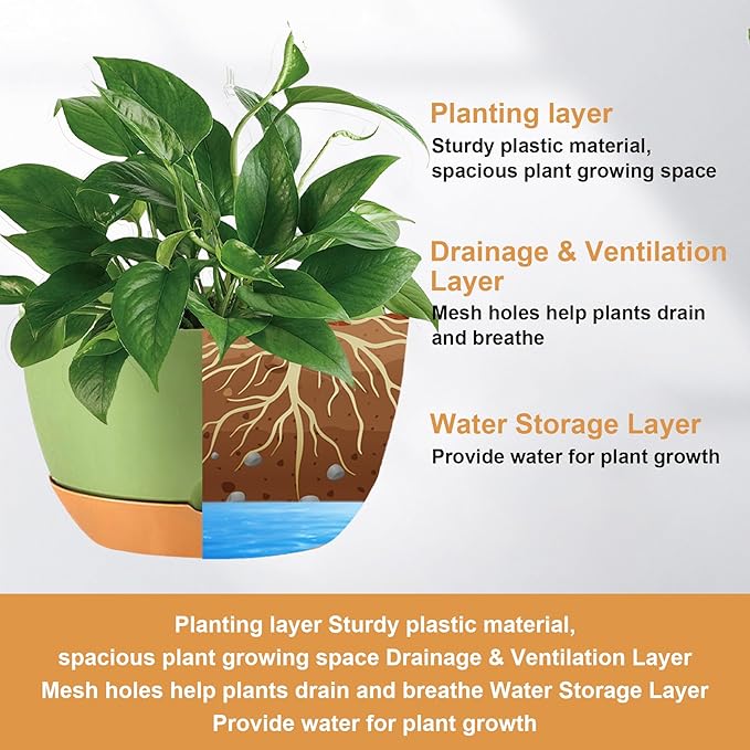 10 inch Hanging Planters for Indoor Outdoor Plants with Self-Watering Pots, 3 Pack Plastic Hanging Basket with Removable tray for Home Garden Porch Balcony Patio Decor(Green)