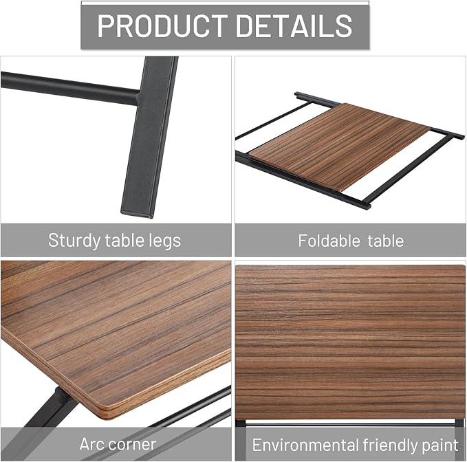 Folding Desk, Foldable Table Space Saving Computer Sturdy Writing Table Workstation for Home Office with Metal Frames/Wood Top Laptop, No Assembly Required, Brown