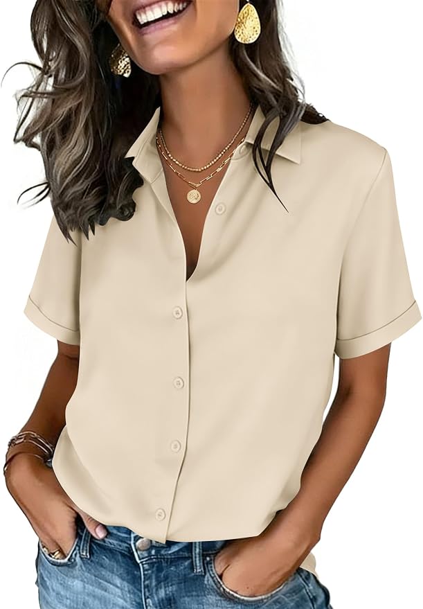 Zeagoo Button Down Shirts for Women Short Sleeve Collared Tops Dressy Casual V Neck Blouses